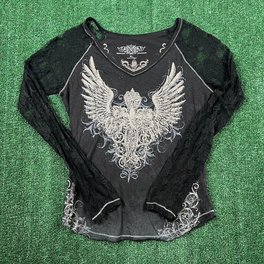 VTG Maurices Premium Top‎ Women's Black XL Lace Sleeves Wing Graphic Tribal Y2K